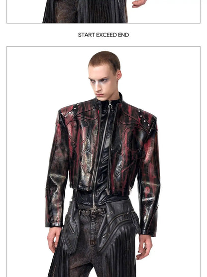 FEWQ High Street Men's PU Leather Jackets Stand Collar Shoulder Pads Dirty-dying Contrast Color Loose Male Short Coats 24K5621