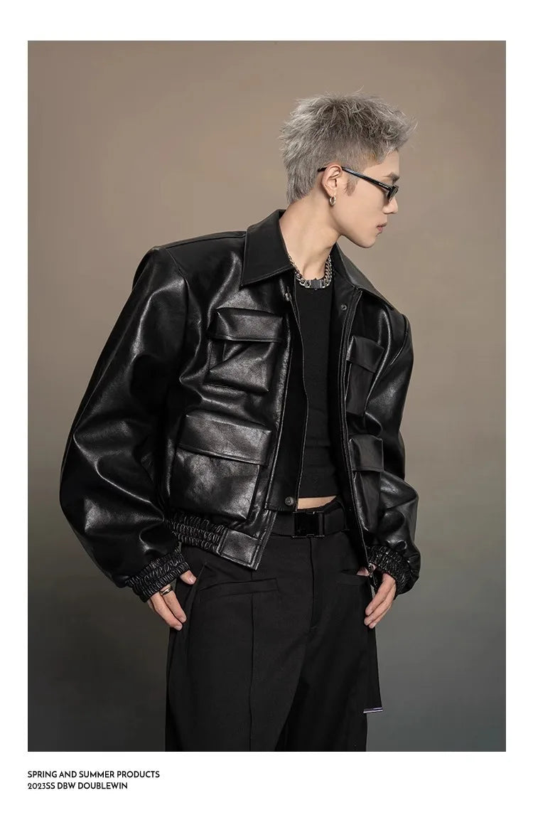 Y2K Mens PU Leather Jacket Pocket Motorcycle Coat Flip Collar Casual Gothic High Street Dark Silhouette Top Men's Wear 2025