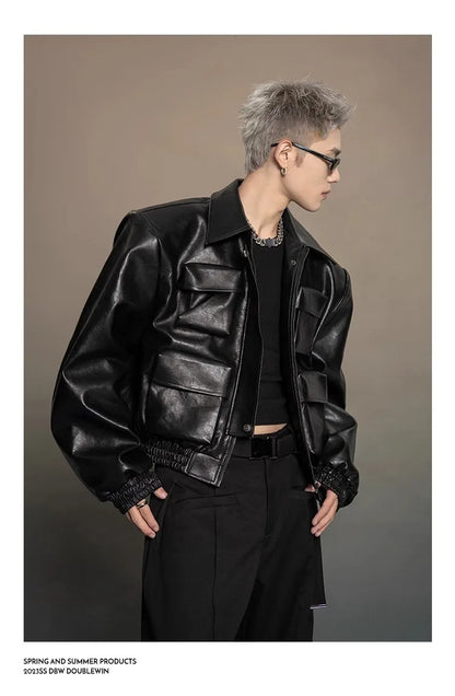 Y2K Mens PU Leather Jacket Pocket Motorcycle Coat Flip Collar Casual Gothic High Street Dark Silhouette Top Men's Wear 2025