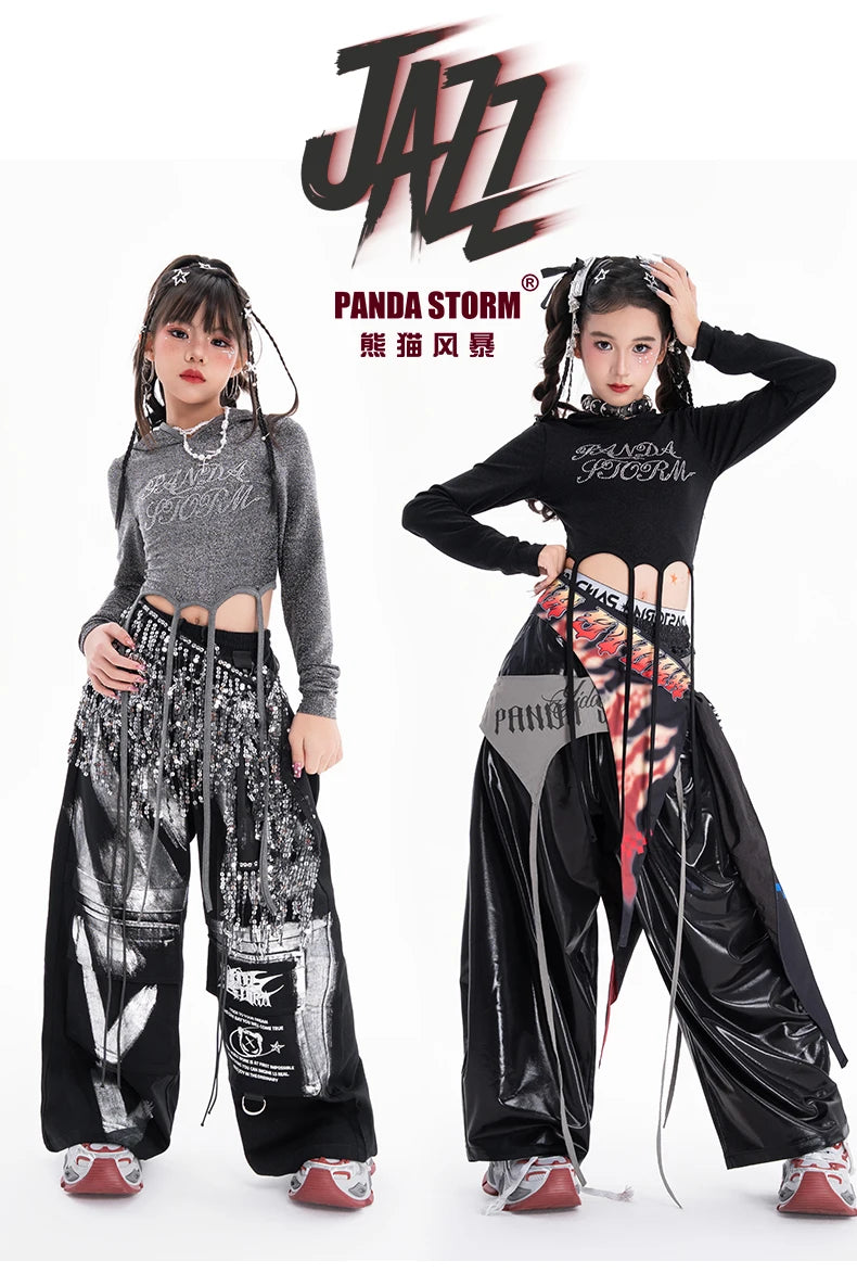 Fashion Girls Hip Hop Dance Clothing Long Sleeves Tops Baggy Pants Kids Jazz Kpop Performance Costume Street Dance Wear BL17513