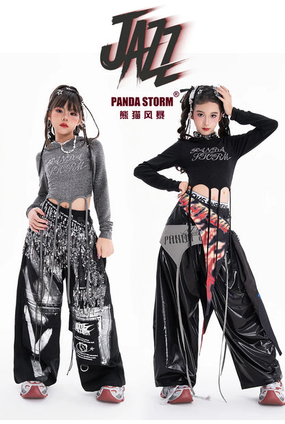 Fashion Girls Hip Hop Dance Clothing Long Sleeves Tops Baggy Pants Kids Jazz Kpop Performance Costume Street Dance Wear BL17513