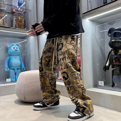 High Street Graffiti Tie-dye Pants Men Casual Loose Oversized Hip-hop Trousers Man American Straight Wide-leg Pants