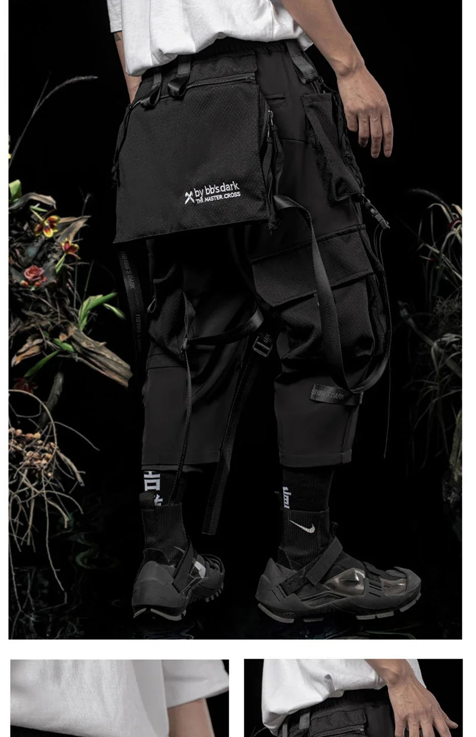 Punk Techwear Cargo Pants Big Pockets Ribbons Oversized Hip Hop Black Pants Joggers Streetwear Harajuku Loose Harem Trousers