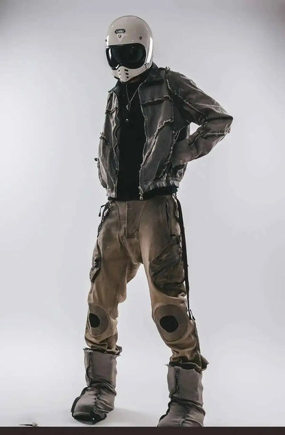 HKSH Spring Autumn New Men's Tide Punk Splice Jackets Split Burr Washed Retro Waste Land Chic Coat Dark Cotton Streetwear HK2418