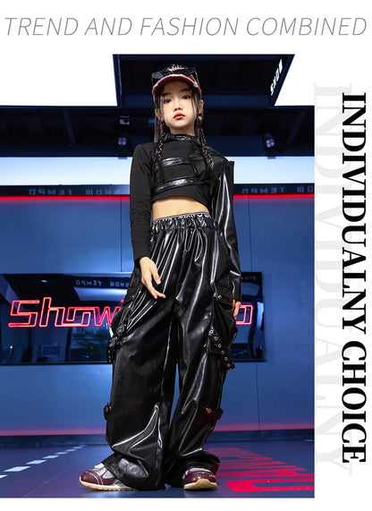 Jazz Dance Girls Clothes Kids Hip Hop Dance Costume Black Leather Crop Tops Hiphop Pants Catwalk Performance Clothing BL13600