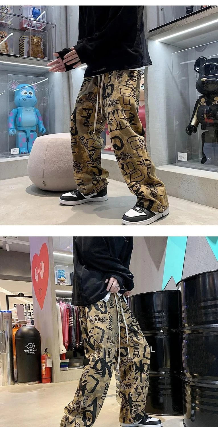 High Street Graffiti Tie-dye Pants Men Casual Loose Oversized Hip-hop Trousers Man American Straight Wide-leg Pants