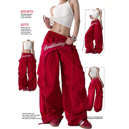 Women's Bootcut Trousers - Streetwear Baggy Pants with Hip Drape & Waist Ties, American Hip Hop Curved Hem Casual Pants White