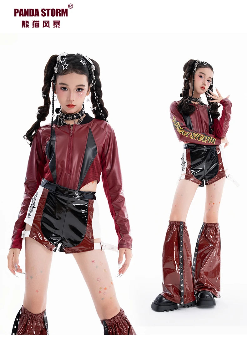 2025 Fashion Girls Jazz Dance Clothes Leather Tops Trousers Red Performance Suit Hip Hop Dance Costume Kids Stage Wear  BL18021