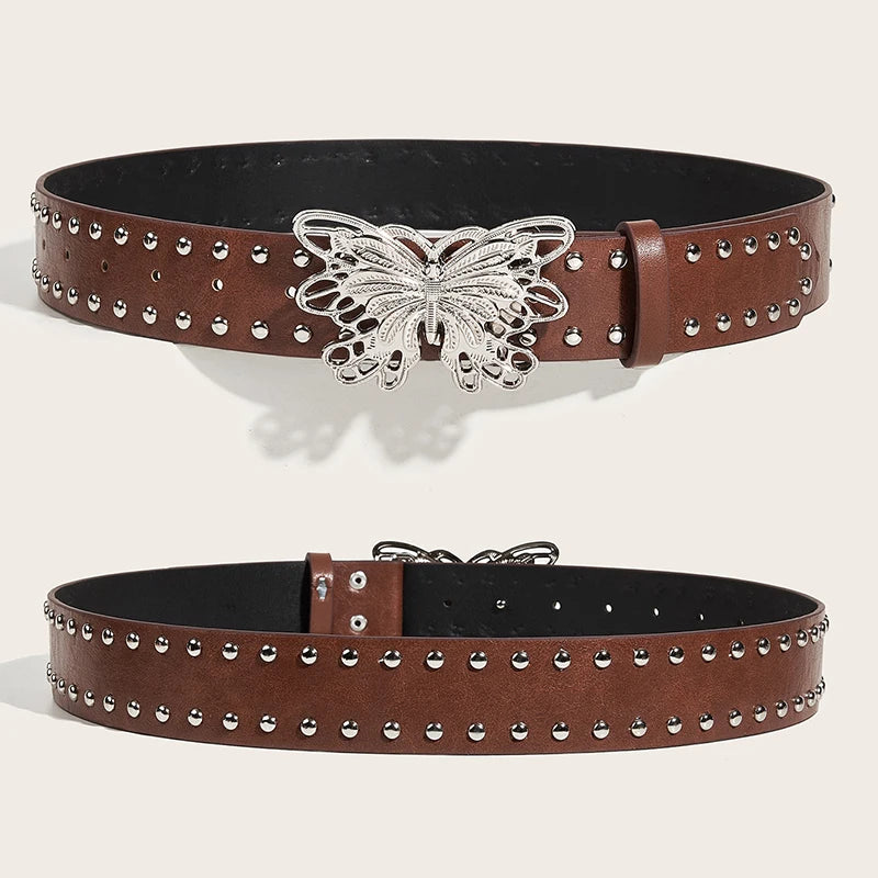 Retro Punk Style Rivet Belt For Women Girls Trendy Personality Butterfly Buckle Wide Belt Luxury Fashion Waistband Jeans Belt