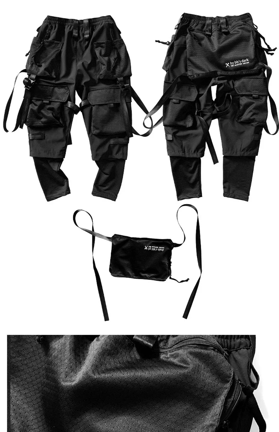 Punk Techwear Cargo Pants Big Pockets Ribbons Oversized Hip Hop Black Pants Joggers Streetwear Harajuku Loose Harem Trousers