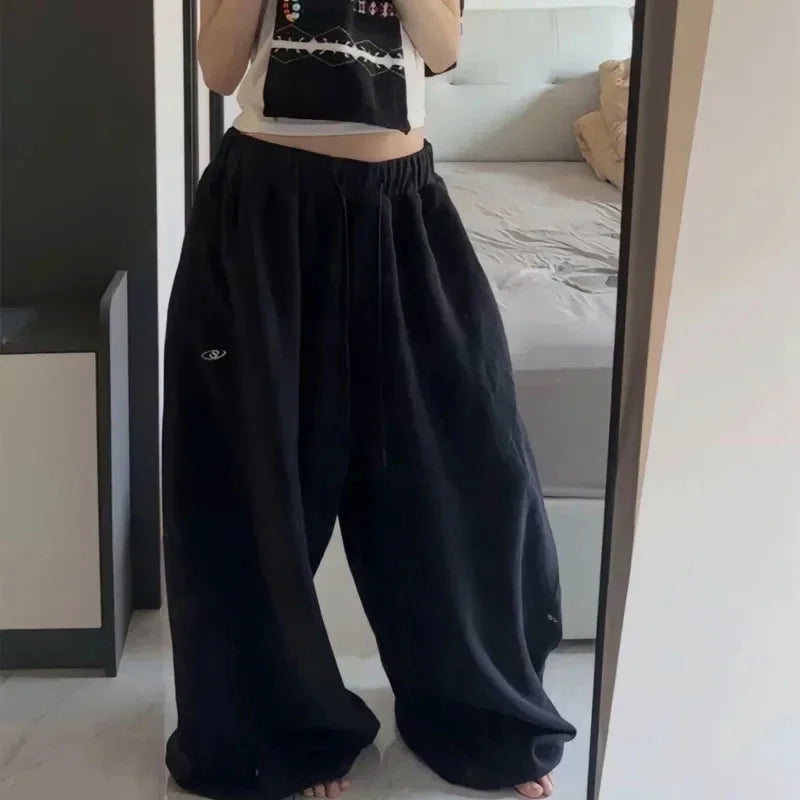 American Retro Hip-Hop Oversized Woman Black Casual Sweatpants Korean Streetwear Loose Jogging Pants High Waist Wide-Leg Pants
