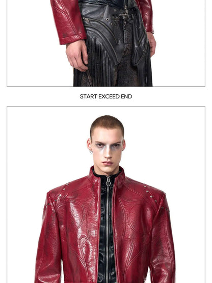 FEWQ High Street Men's PU Leather Jackets Stand Collar Shoulder Pads Dirty-dying Contrast Color Loose Male Short Coats 24K5621