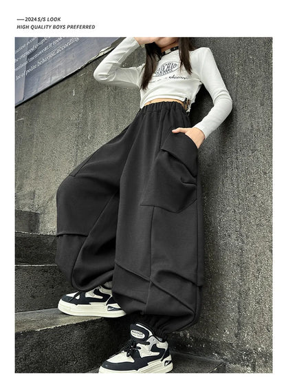 2025 Hot Sale Loose Hip-hop Pants For Girl Kids Fashion High Street Child Black Burgundy Chocolate Trousers Streewear Trackpants