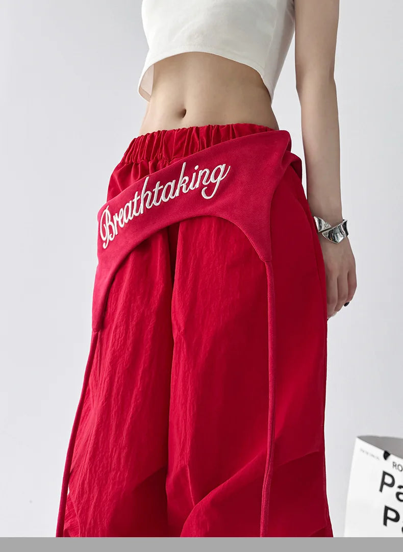 Women's Bootcut Trousers - Streetwear Baggy Pants with Hip Drape & Waist Ties, American Hip Hop Curved Hem Casual Pants White