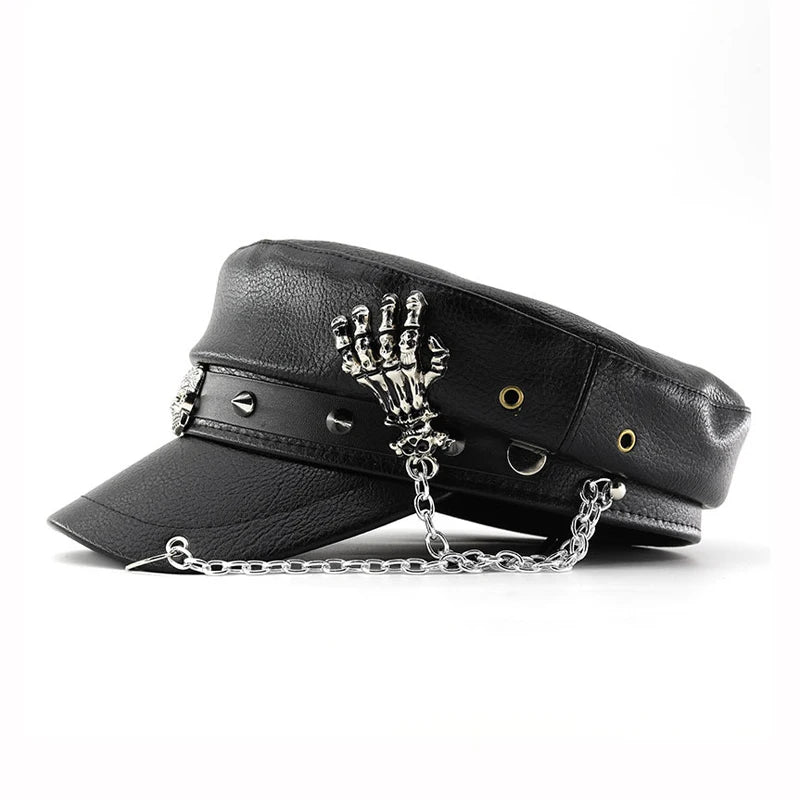 Fashion PU Leather Women Beret Punk Style Vintage Flat Top Military Caps  Outdoor Casual Army Cap