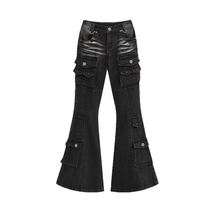 REDDACHiC Black Low Waist Cargo Jeans 2000s Distressed Whiskers Multi-pocket Stretch Bootcut Pants Women Retro Grunge Streetwear