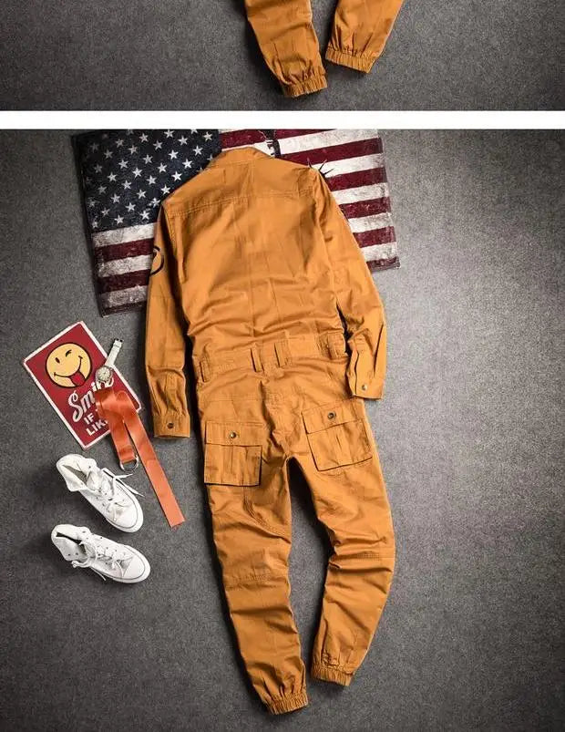 Hip Hop Workwear Pants Jumpsuit Retro Japanese Sle Men's Cuffed Long Pants Personalized Trendy Youth Loose Fit Printed