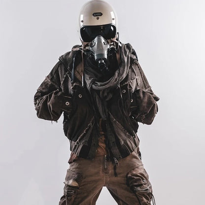 Waste Soil Style Mesh Splicing Hooded Short Jacket Washed Distressed Stereoscopic Cut Loose Coat  for Men