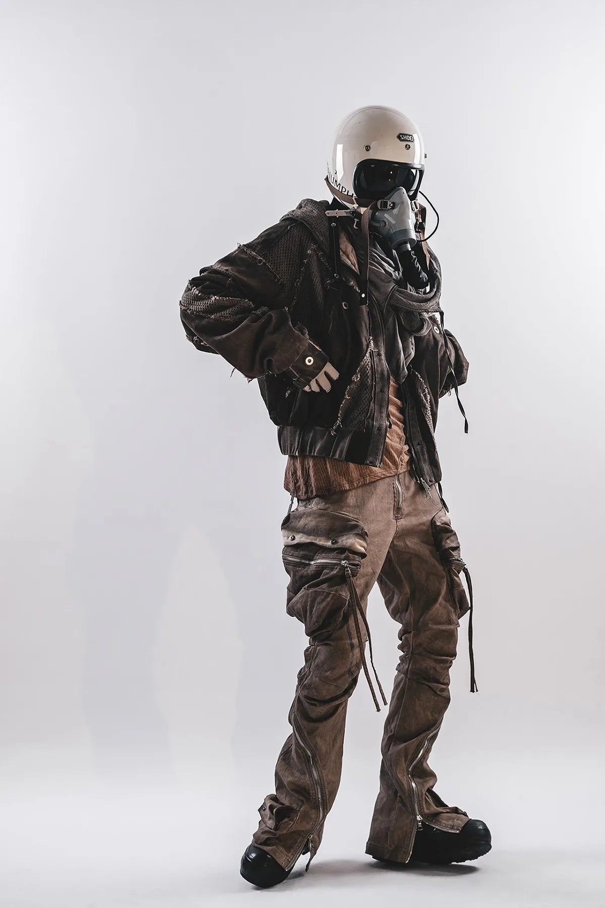 Waste Soil Style Men Stereoscopic Cut Mesh Splicing Hooded Short Jacket Washed Distressed Coat Men