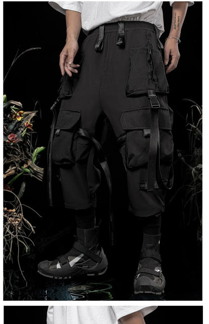 Punk Techwear Cargo Pants Big Pockets Ribbons Oversized Hip Hop Black Pants Joggers Streetwear Harajuku Loose Harem Trousers