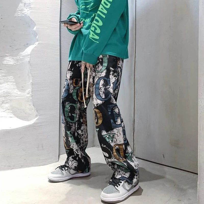 High Street Graffiti Tie-dye Pants Men Casual Loose Oversized Hip-hop Trousers Man American Straight Wide-leg Pants