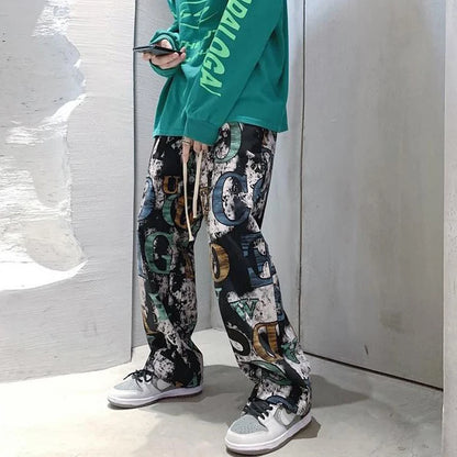 High Street Graffiti Tie-dye Pants Men Casual Loose Oversized Hip-hop Trousers Man American Straight Wide-leg Pants