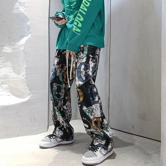 High Street Graffiti Tie-dye Pants Men Casual Loose Oversized Hip-hop Trousers Man American Straight Wide-leg Pants