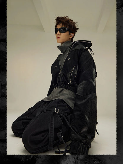 Mauroicardi Spring Autumn Cool Short Shiny Black Crocodile Print Pu Leather Jacket Men Luxury Designer Y2K Streetwear Clothes