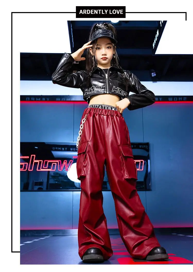 Jazz Dance Girls Clothes Kids Hip Hop Dance Costume Black Leather Crop Tops Hiphop Pants Catwalk Performance Clothing BL13600
