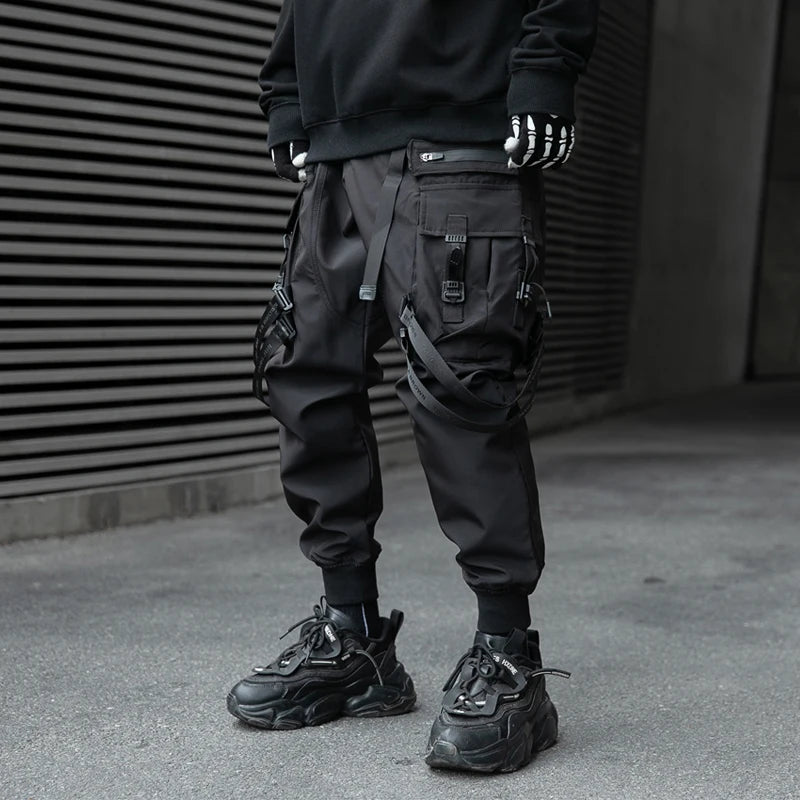 Hip Hop Tactical Cargo Pants Men Ribbons Joggers Trousers 2023 Spring Functional Elastic Waist Fahsion Streetwear Pant