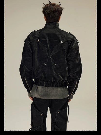 Mauroicardi Spring Autumn Cool Short Shiny Black Crocodile Print Pu Leather Jacket Men Luxury Designer Y2K Streetwear Clothes