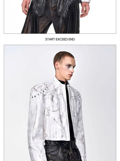 FEWQ High Street Men's PU Leather Jackets Stand Collar Shoulder Pads Dirty-dying Contrast Color Loose Male Short Coats 24K5621