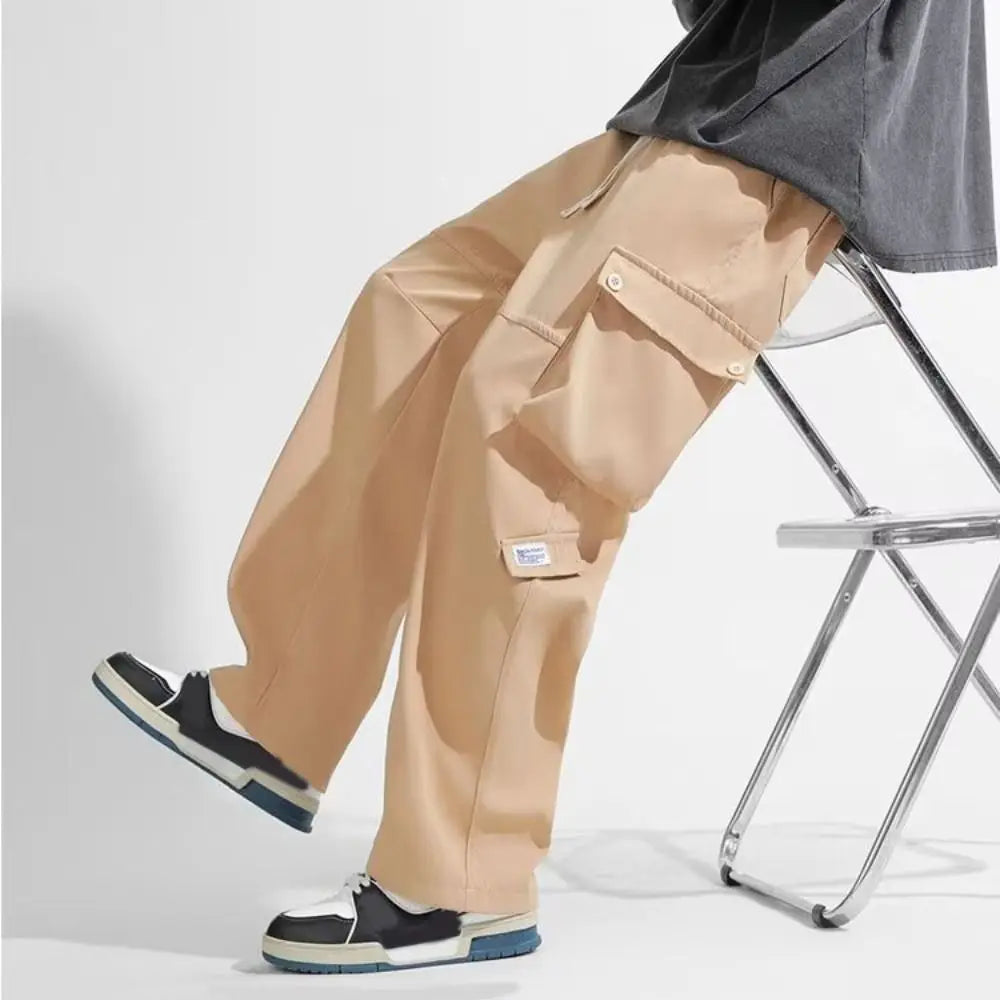 Hip Hop Pants Drawstring Wide Leg Sweatpants Y2K Oversized Baggy Cargo Pants Multi-pockets Loose Men Joggers Trousers Sports