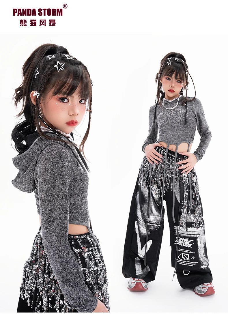 Fashion Girls Hip Hop Dance Clothing Long Sleeves Tops Baggy Pants Kids Jazz Kpop Performance Costume Street Dance Wear BL17513