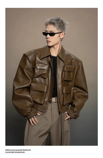 Y2K Mens PU Leather Jacket Pocket Motorcycle Coat Flip Collar Casual Gothic High Street Dark Silhouette Top Men's Wear 2025