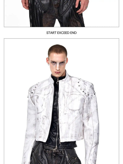 FEWQ High Street Men's PU Leather Jackets Stand Collar Shoulder Pads Dirty-dying Contrast Color Loose Male Short Coats 24K5621