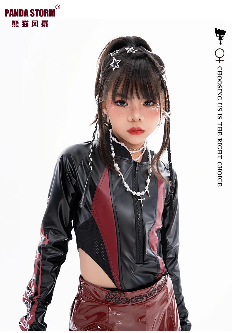2025 Fashion Girls Jazz Dance Clothes Leather Tops Trousers Red Performance Suit Hip Hop Dance Costume Kids Stage Wear  BL18021