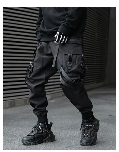 Hip Hop Tactical Cargo Pants Men Ribbons Joggers Trousers 2023 Spring Functional Elastic Waist Fahsion Streetwear Pant