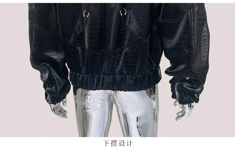 Mauroicardi Autumn Short Color Block Crocodile Print Faux Leather Jacket Men Stand Collar Luxury Designer Punk Style Emo Clothes