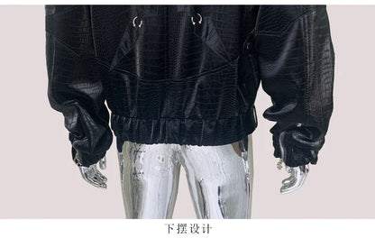 Mauroicardi Autumn Short Color Block Crocodile Print Faux Leather Jacket Men Stand Collar Luxury Designer Punk Style Emo Clothes