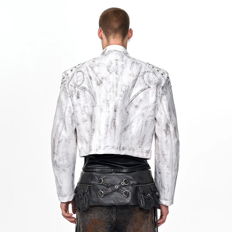 FEWQ High Street Men's PU Leather Jackets Stand Collar Shoulder Pads Dirty-dying Contrast Color Loose Male Short Coats 24K5621