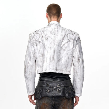 FEWQ High Street Men's PU Leather Jackets Stand Collar Shoulder Pads Dirty-dying Contrast Color Loose Male Short Coats 24K5621