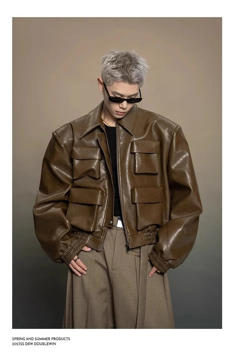 Y2K Mens PU Leather Jacket Pocket Motorcycle Coat Flip Collar Casual Gothic High Street Dark Silhouette Top Men's Wear 2025