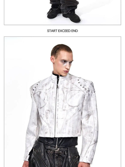 FEWQ High Street Men's PU Leather Jackets Stand Collar Shoulder Pads Dirty-dying Contrast Color Loose Male Short Coats 24K5621