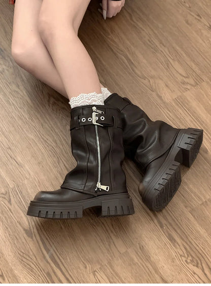 Winter Women Biker Boots Fashion Belt Buckle Ladies Elegant Platform Flats Short Booties Casual Women's Knight Booties