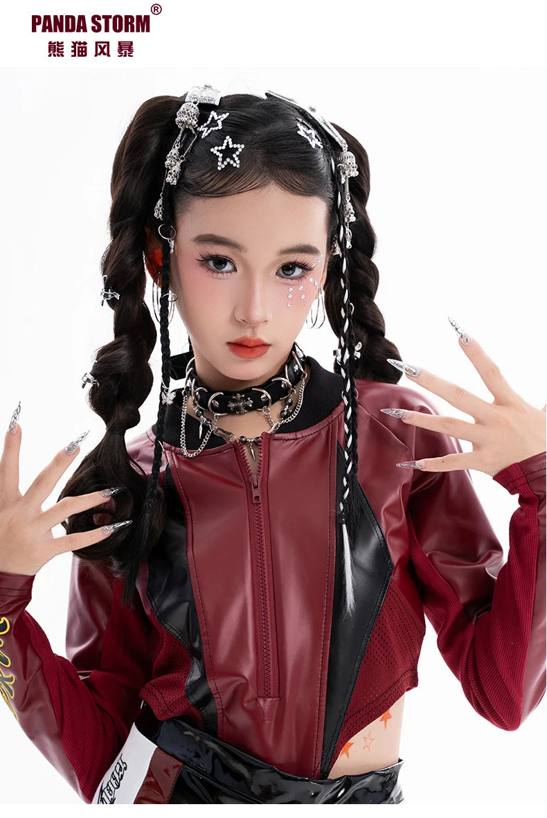 2025 Fashion Girls Jazz Dance Clothes Leather Tops Trousers Red Performance Suit Hip Hop Dance Costume Kids Stage Wear  BL18021