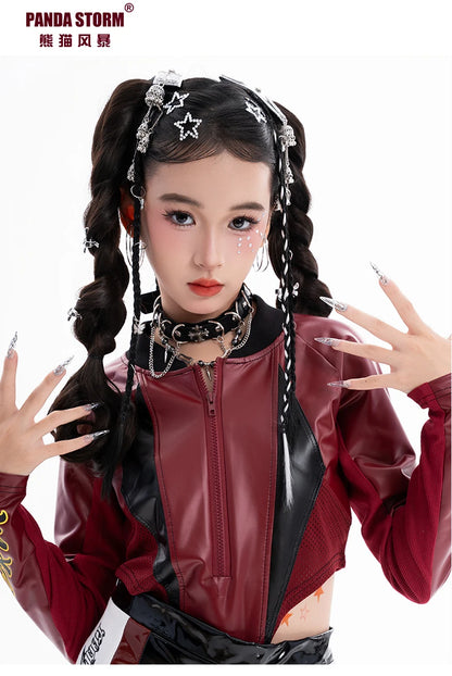 2025 Fashion Girls Jazz Dance Clothes Leather Tops Trousers Red Performance Suit Hip Hop Dance Costume Kids Stage Wear  BL18021