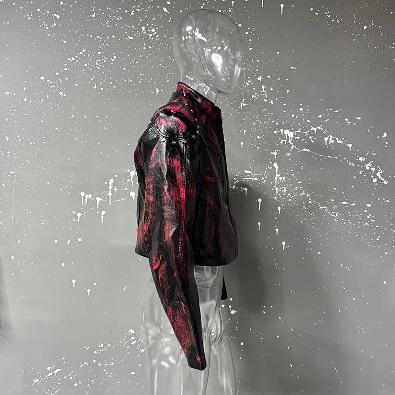 FEWQ High Street Men's PU Leather Jackets Stand Collar Shoulder Pads Dirty-dying Contrast Color Loose Male Short Coats 24K5621