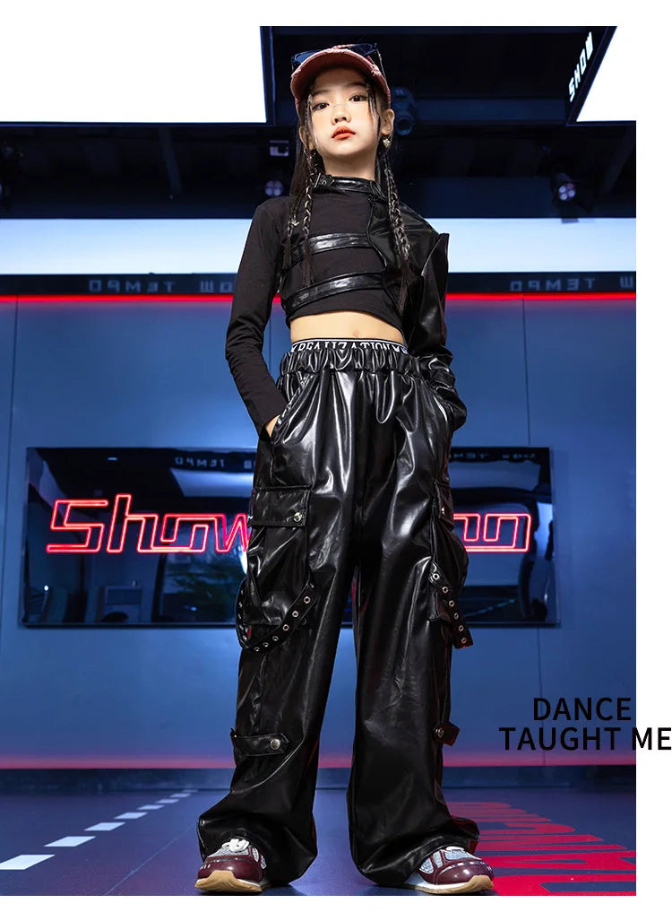 Jazz Dance Girls Clothes Kids Hip Hop Dance Costume Black Leather Crop Tops Hiphop Pants Catwalk Performance Clothing BL13600