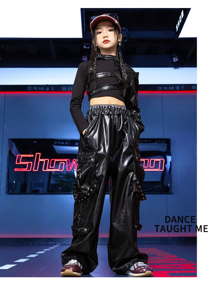 Jazz Dance Girls Clothes Kids Hip Hop Dance Costume Black Leather Crop Tops Hiphop Pants Catwalk Performance Clothing BL13600